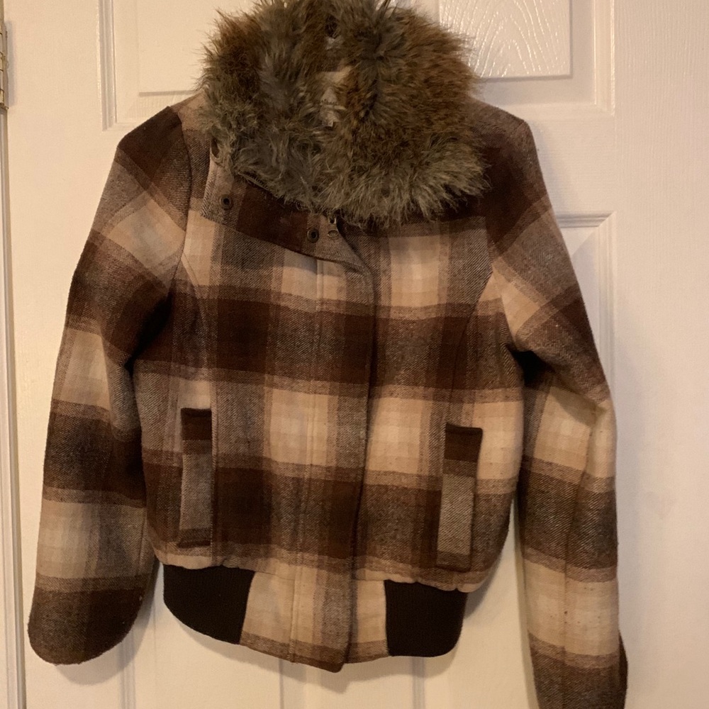 3 winter coats 2 red plaid 1 brown with fur